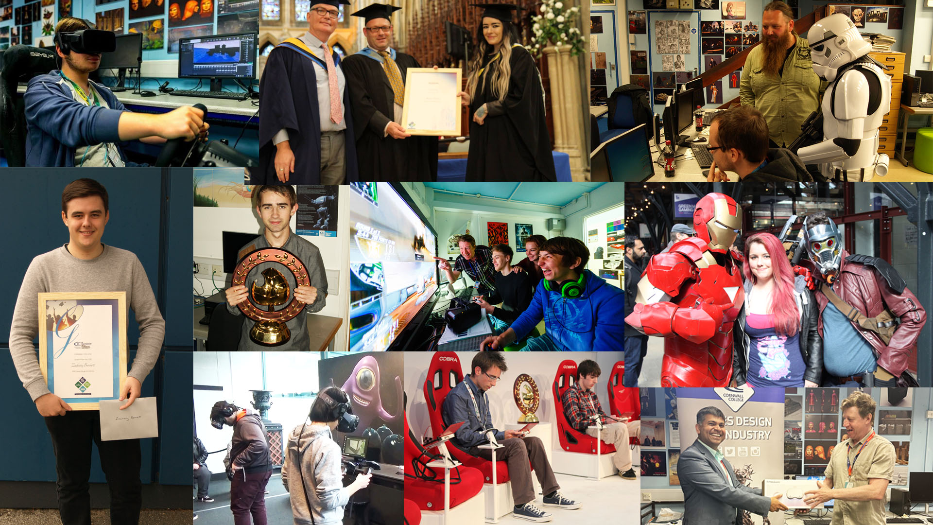 Collage of pictures from games design at Cornwall College.