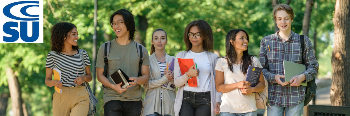 CCSU Logo with a group of students walking.
