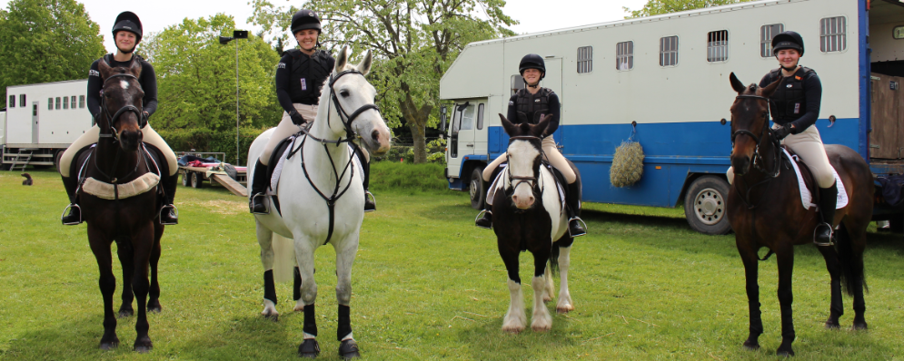 Equine students sitting on horses at Bicton College.